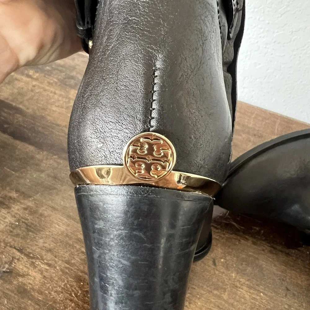 Tory Burch Livingston Leather Riding Boot‎ Black Equestrian Heel Tall Buckle 7.5
